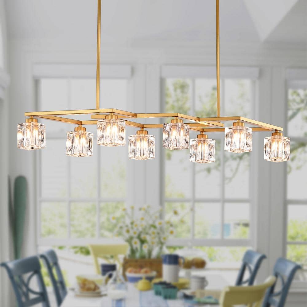 38.4 in. 8-Light Gold Modern Semi-Flush Mount Crystal Chandelier With Crystal Shade and 8-G9 Bulbs Included - Hercitys