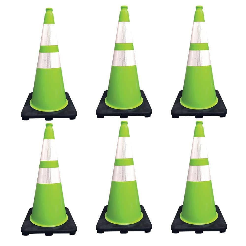 28 in. Lime Green Traffic Cone with Black Base and 4 in. and 6 in. Reflective Collars 7 lbs. (6-Pack) - Hercitys