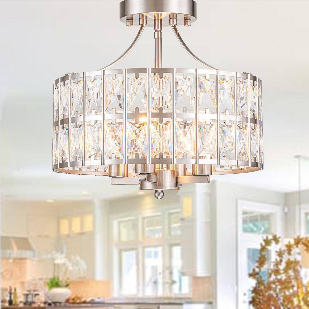 12.6 in. 4-Light Round Nickel Drum Semi Flush Mount Ceiling Light with Clear Crystal Glass with No Bulbs Included - Hercitys