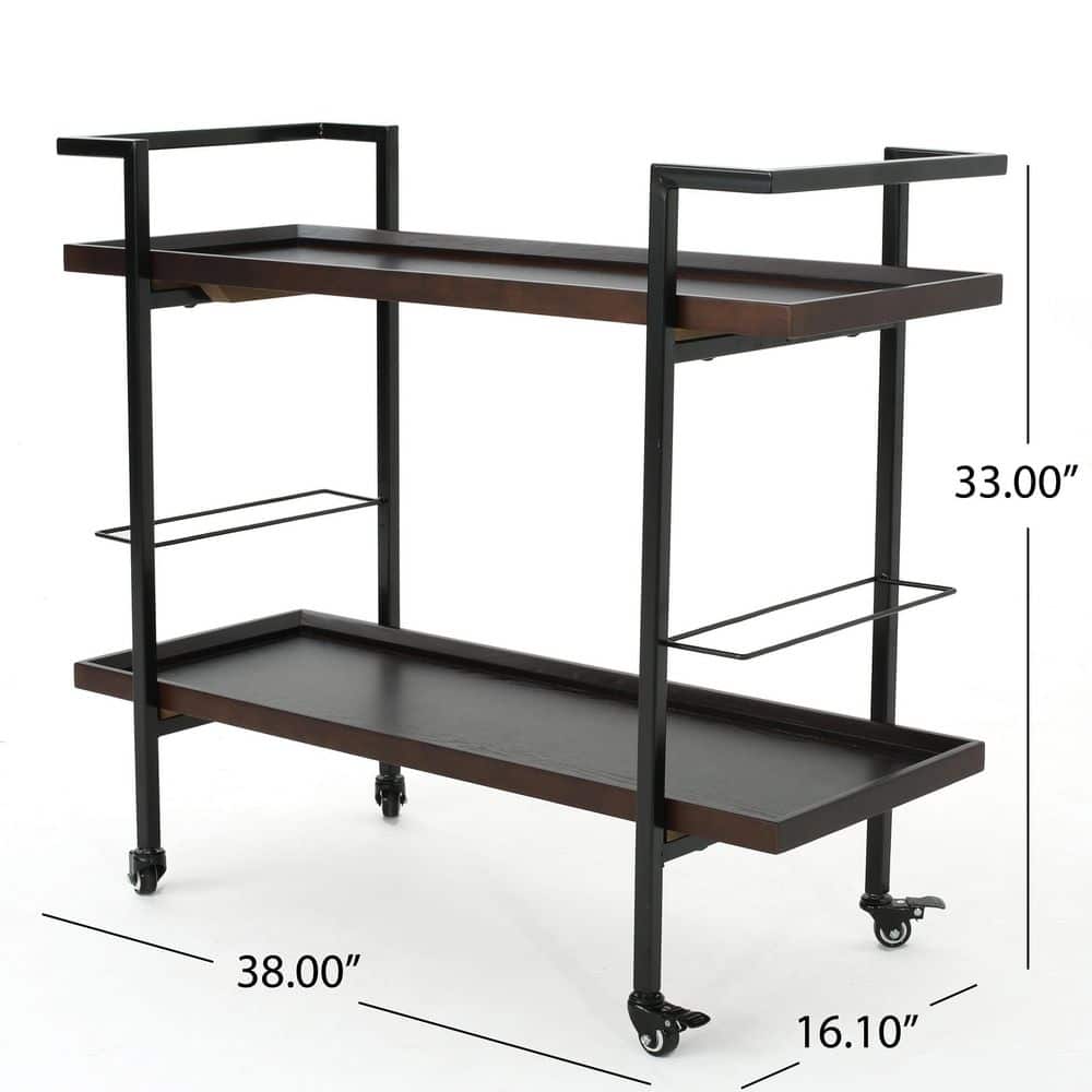 38 in. W x 33 in. H Industrial Walnut Wood Kitchen Cart, Rolling Bar Cart with Wine Rack, Tray Shelves and Metal Frame - Hercitys