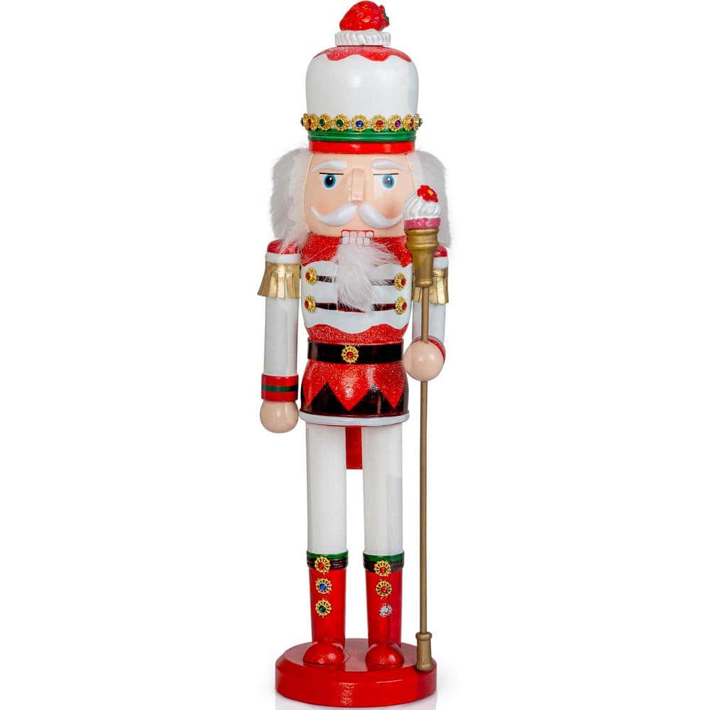 15 in. Wooden Strawberry Toy Soldier Nutcracker-Strawberry Hat with Cupcake Scepter Christmas Holiday Decoration - Hercitys