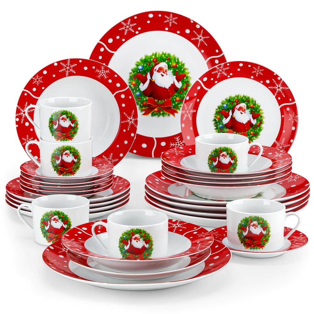 30 Piece Porcelain Santa Claus Red Dinnerware Set for Christmas Festive and Family Gatherings, Service for 6 - Hercitys
