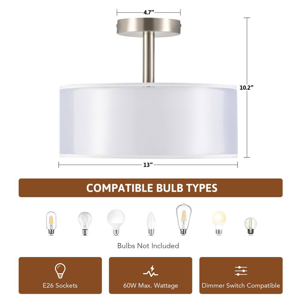 13 in. 3-Light White Semi-Flush Mount Ceiling Light Fixture Drum Light Fixture with 2-Layer Fabric Shade - Hercitys
