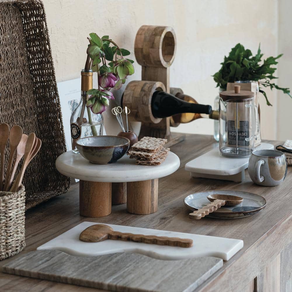 1-Tier White and Brown Round Marble and Wood Cake Stand - Hercitys