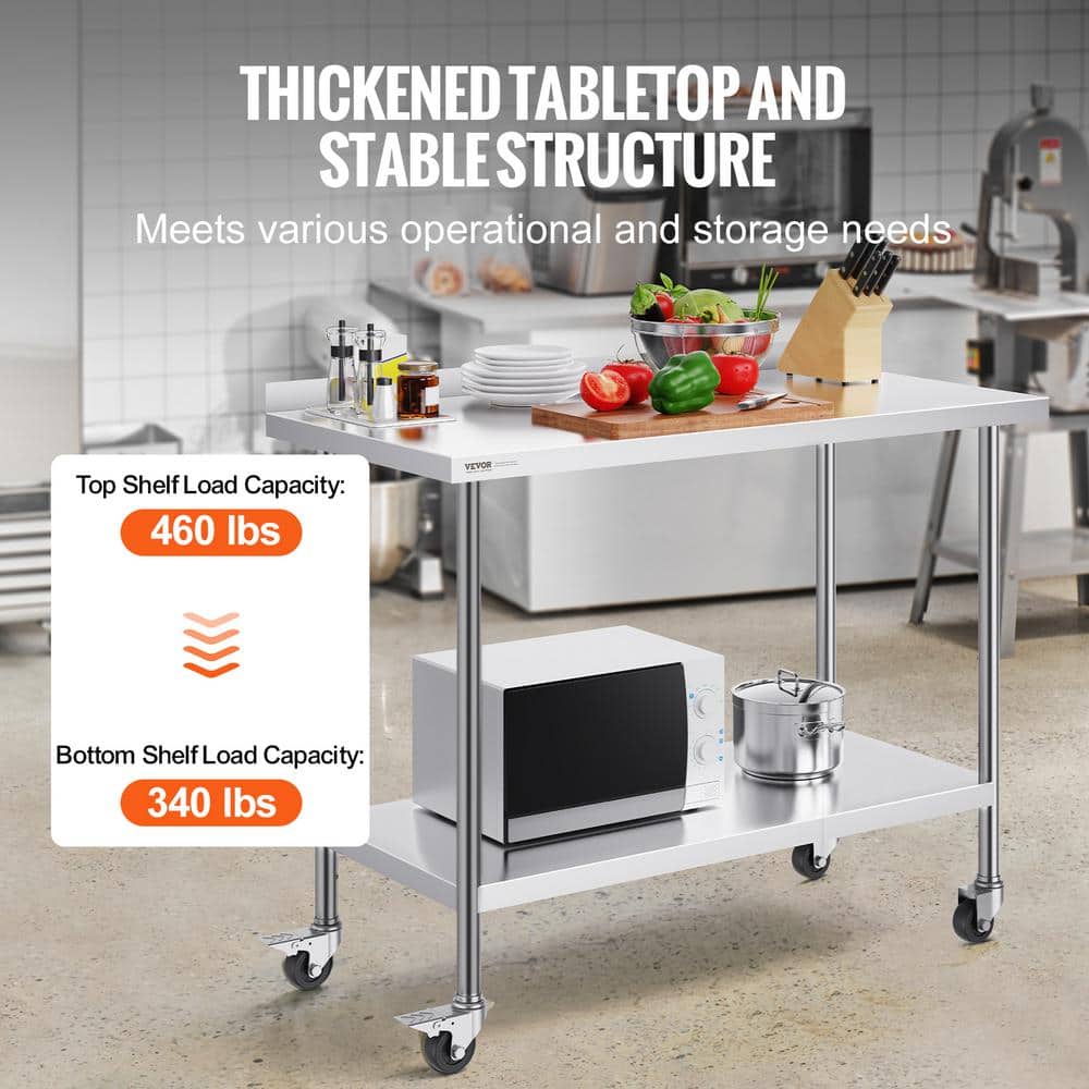 24 x 48 x 40 in. Stainless Steel Commercial Kitchen Prep Table with Casters Metal Table with Adjustable Height Silver - Hercitys
