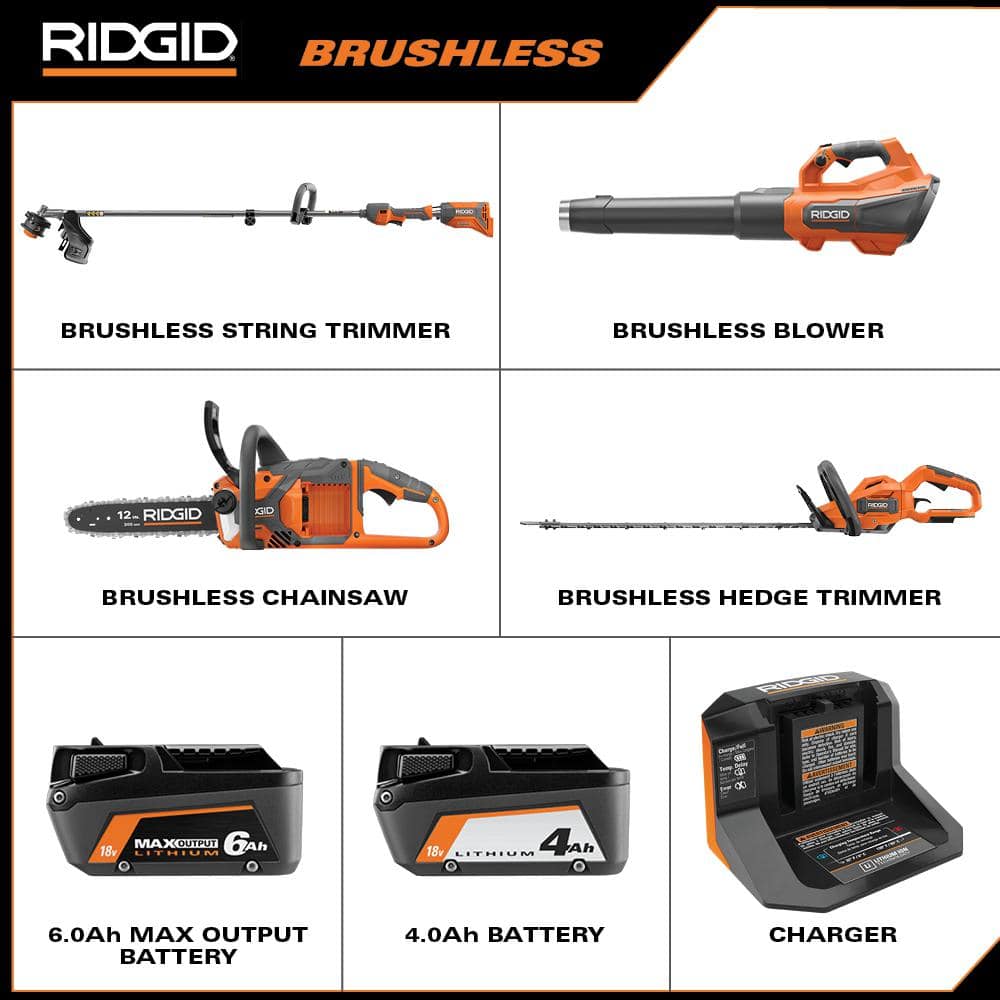 18V Brushless Cordless String Trimmer, Blower, Chainsaw, and Hedge Trimmer w/2 Batteries and 2 Chargers - Hercitys