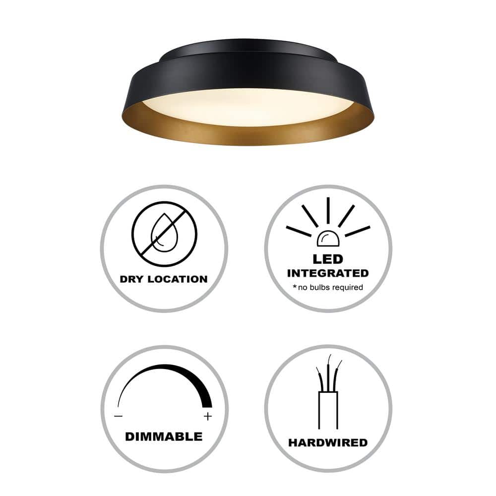13 in. Black and Gold Integrated LED Flush Mount Ceiling Light with Frosted Glass - Hercitys