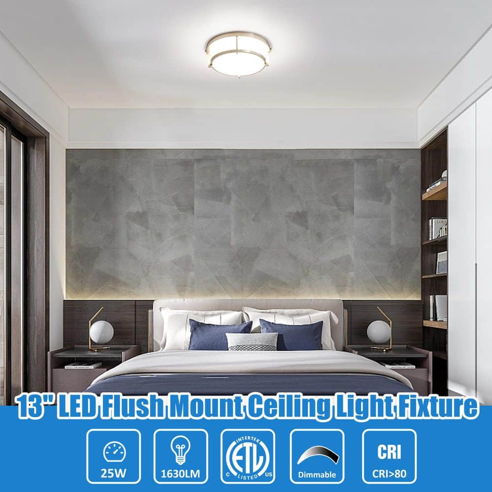 13 in. Brushed Nickel Dimmable Flush Mount with Plastic Shade Dim to Warm 2700K-4000K and Integrated LED Light - Hercitys