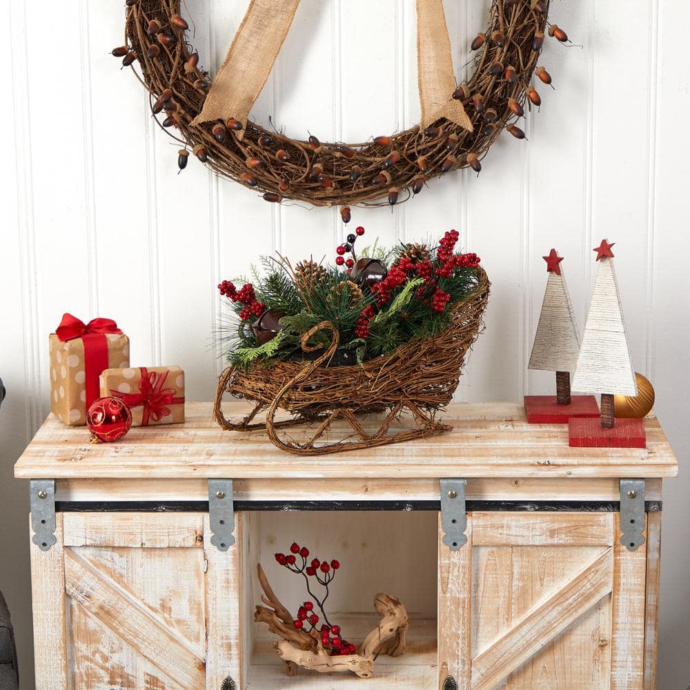 18 in. Unlit Christmas Sleigh with Pine, Pinecones and Berries Artificial Christmas Arrangement - Hercitys