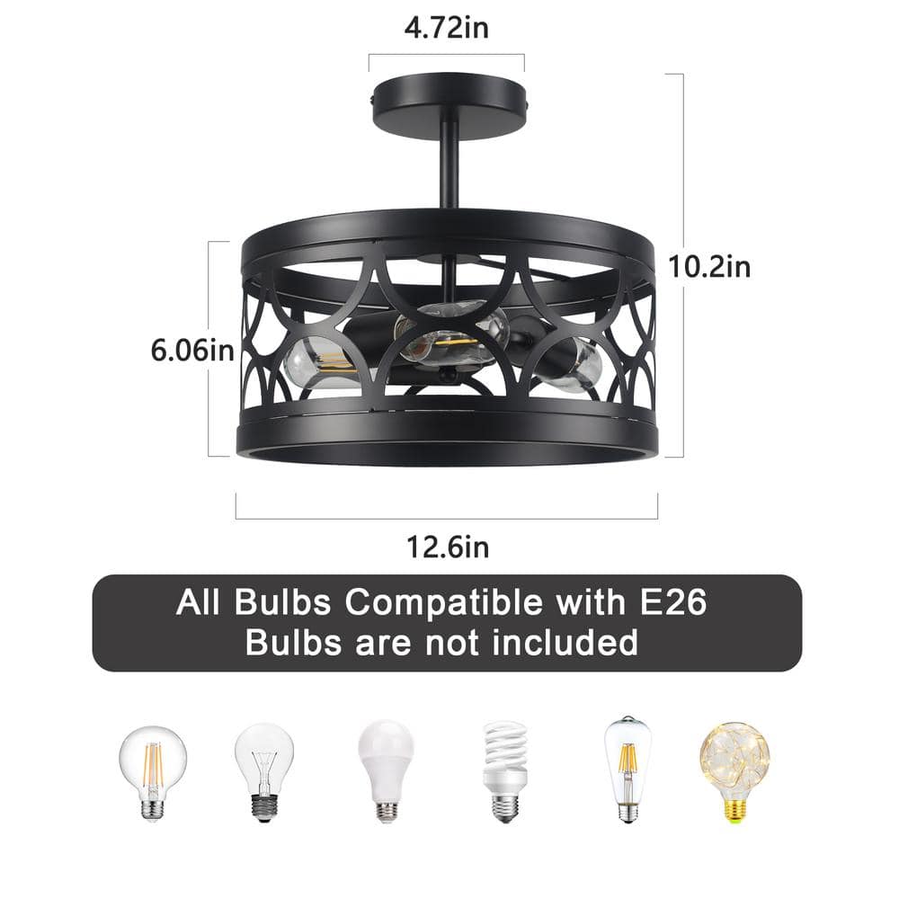 12.6 in. 3-Light Black Semi Flush Mount Ceiling Light Fixture With No Bulbs Included - Hercitys