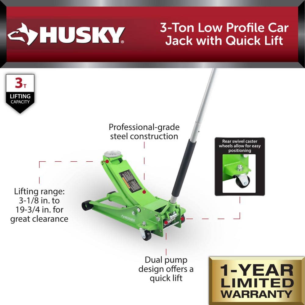 3-Ton Green Low Profile Floor Jack with Quick Lift - Hercitys