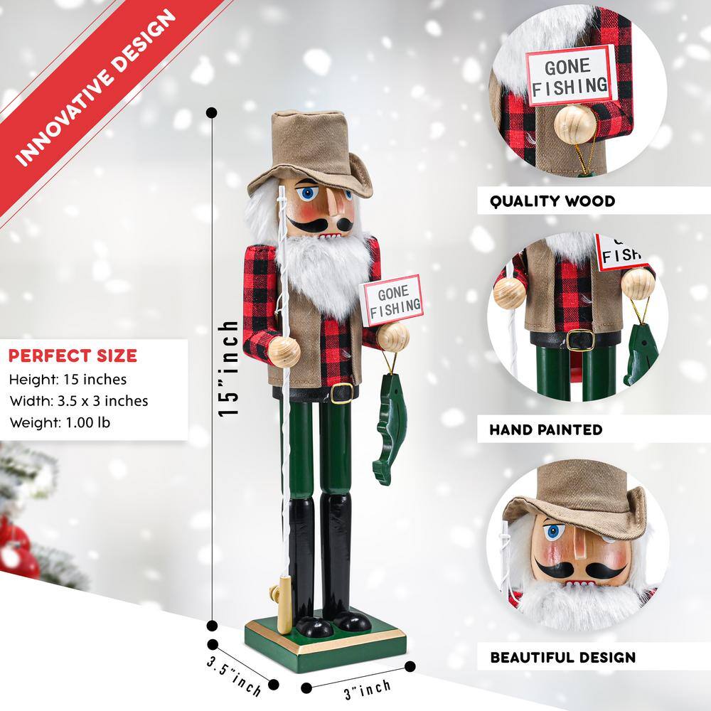 15 in. Wooden Christmas Fisher Man Nutcracker – Red and Green Fisherman Nutcracker with Fishing Rod and Fish in Hand - Hercitys