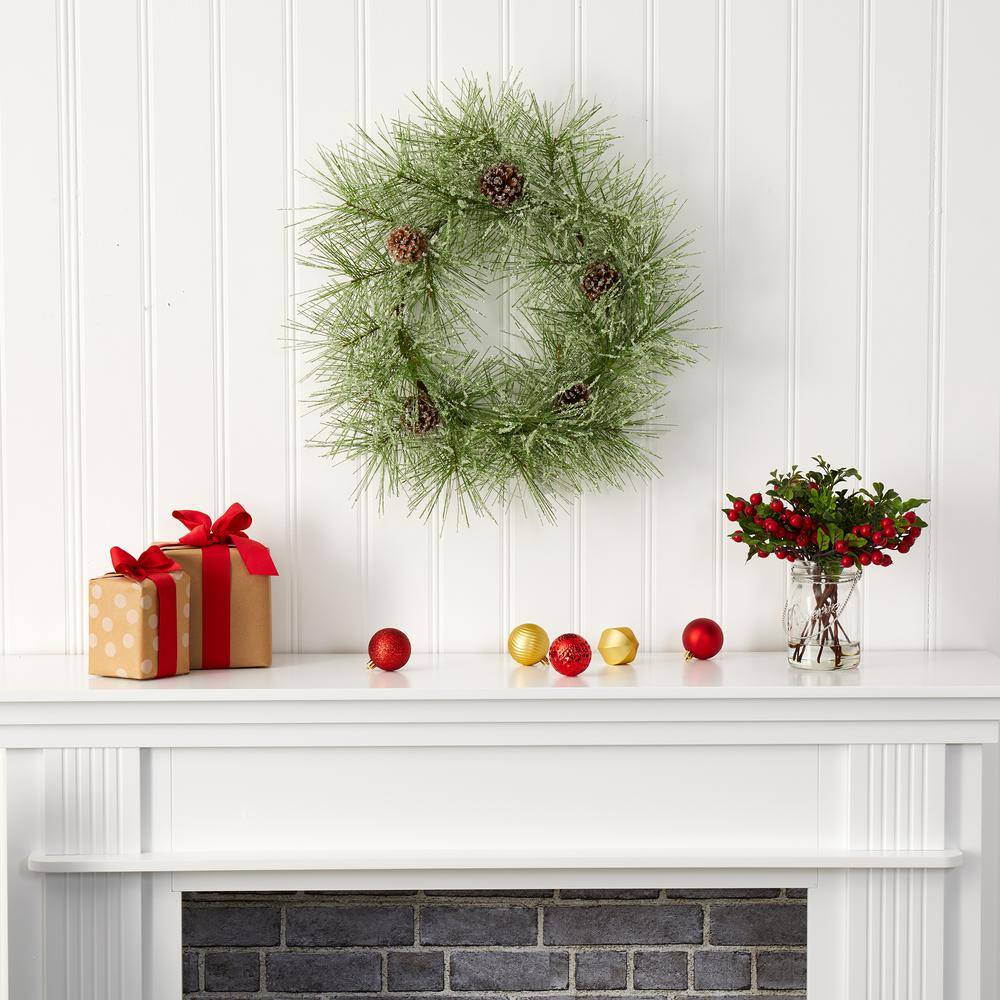 24 in. Iced Pine Artificial Wreath with Pine Cones - Hercitys