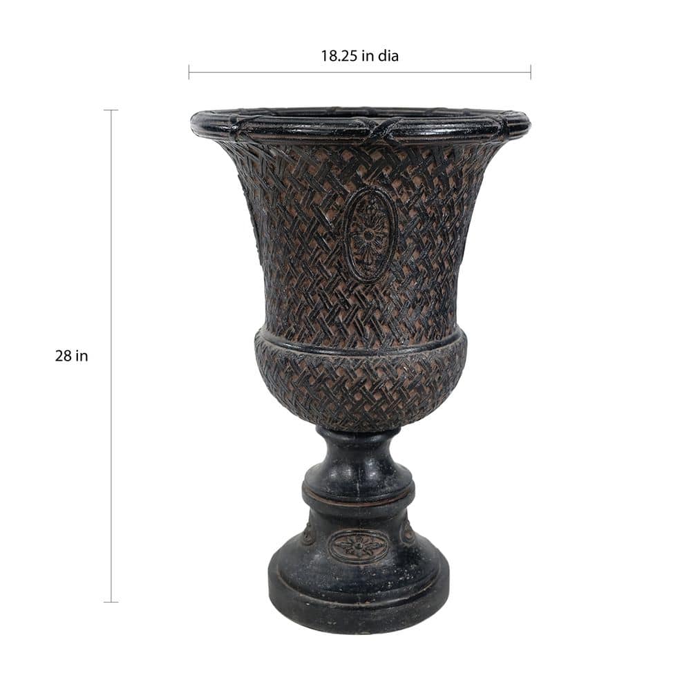 28 in. H Aged Charcoal Cast Stone Lattice Banded Urn - Hercitys