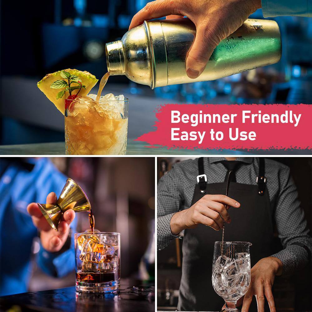 3 in 1 25 oz. Gold Stainless Steel 1-Piece Cocktail Shaker with Measuring Jigger and Mixing Spoon - Hercitys