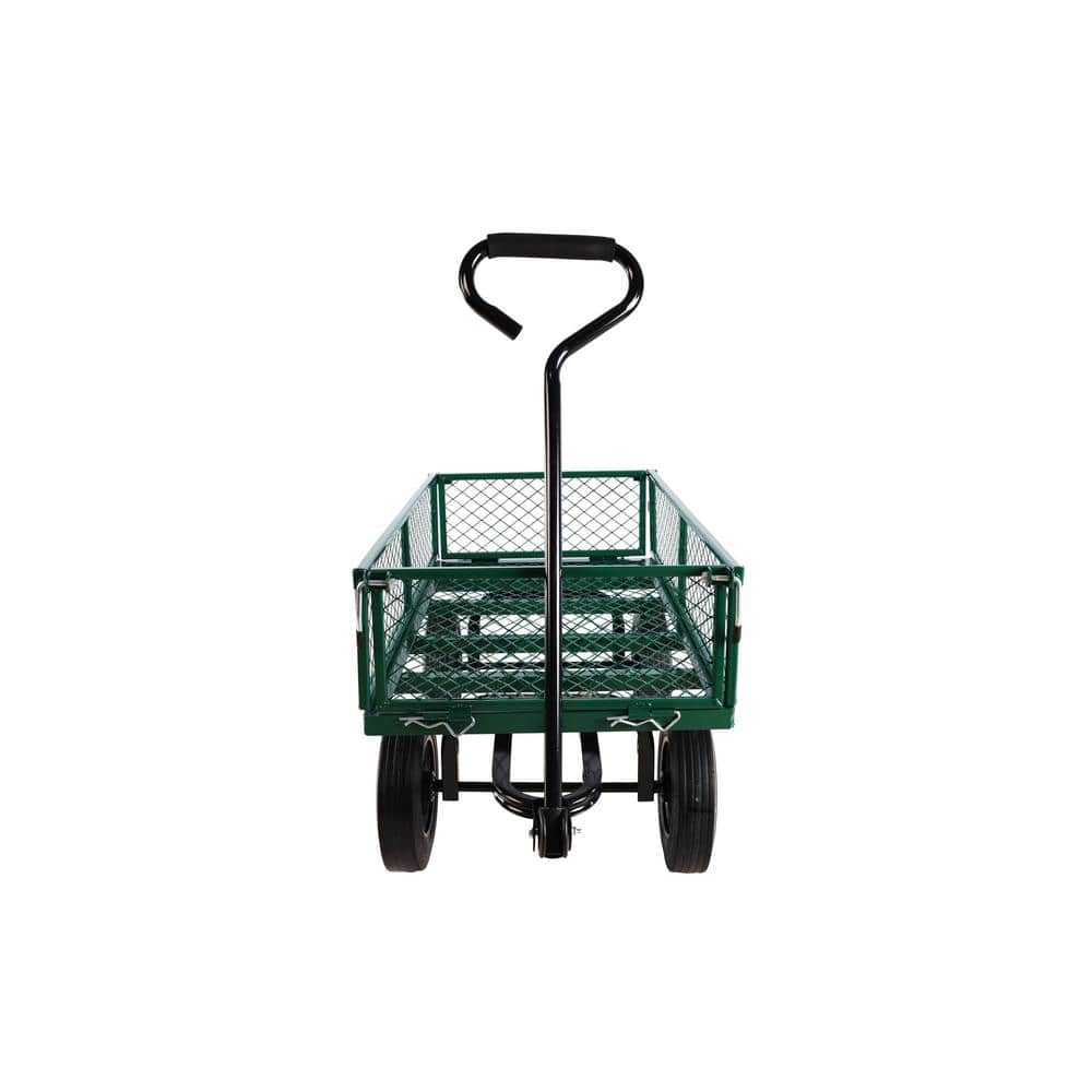 3.64 cu. ft. Green Outdoor Garden Mesh Metal Garden Cart with Removable Side Panels, Solid Wheels and Adjustable Handle - Hercitys