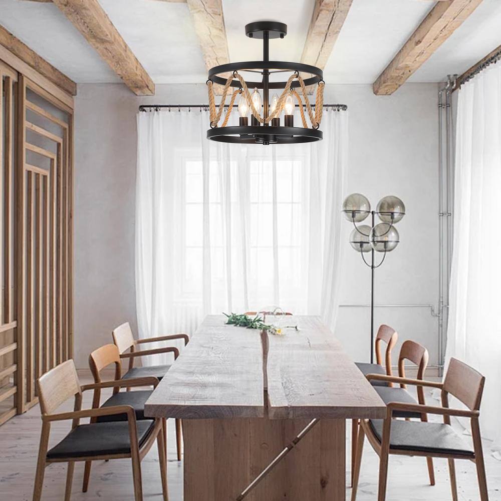 12.6 in. 4-Light Black Drum Metal Hemp Rope Candlestick Semi- Flush Mount Light with No Bulbs Included - Hercitys