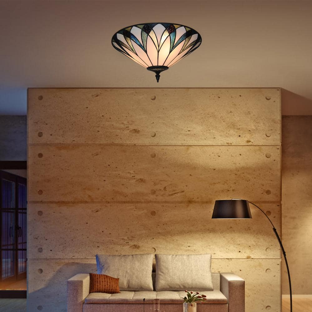 18 in. 3-Light Retro Elegant Stained Glass Flush Mount Ceiling Light - Hercitys