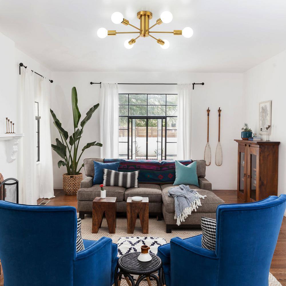 21.84 in. 6-Light Gold Sputnik Transitional Flush Mount Ceiling Lights - Hercitys