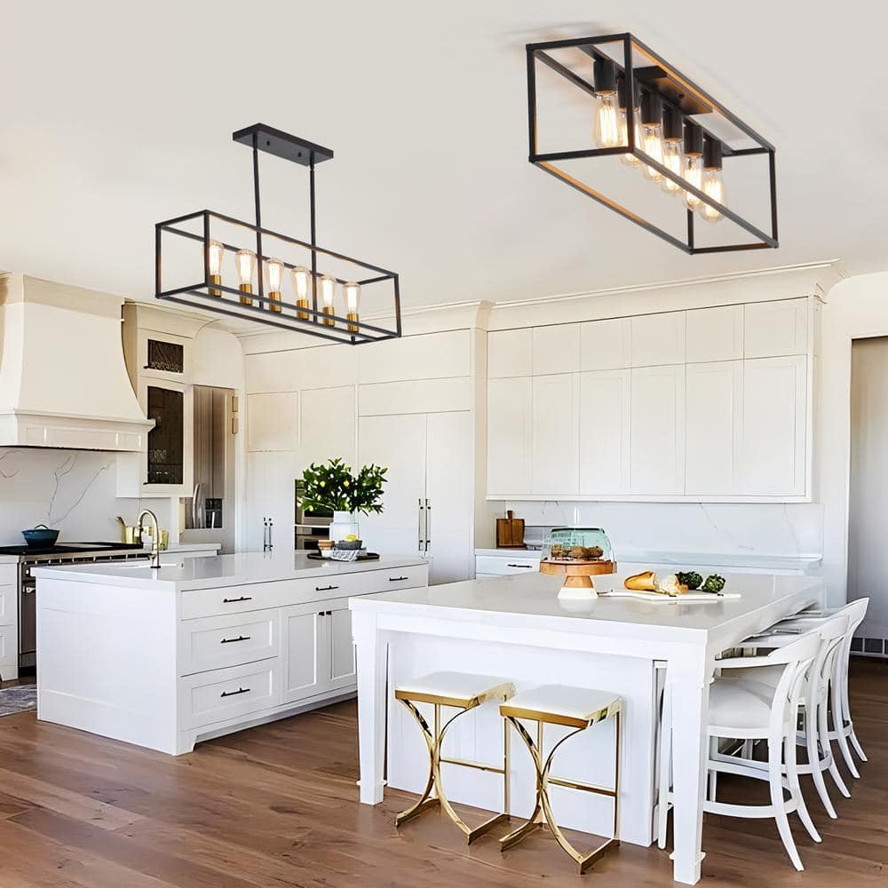 38 in. 6-Light Farmhouse Cage Metal Black Flush Mount with No Bulbs Included Ceiling Light - Hercitys