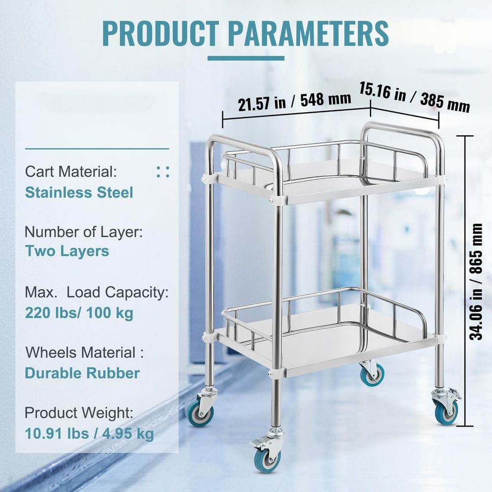 15.16 x 21.57 x 34.06 in. Lab Rolling Cart, 2-Shelf Stainless Steel Rolling Cart, Lab Serving Kitchen Cart - Hercitys