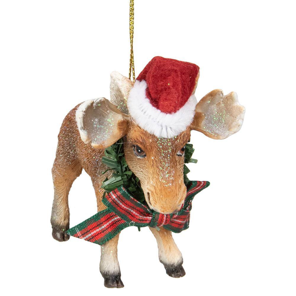 3.5 in. Moose Wearing Santa Hat and Plaid Bow Christmas Ornament - Hercitys