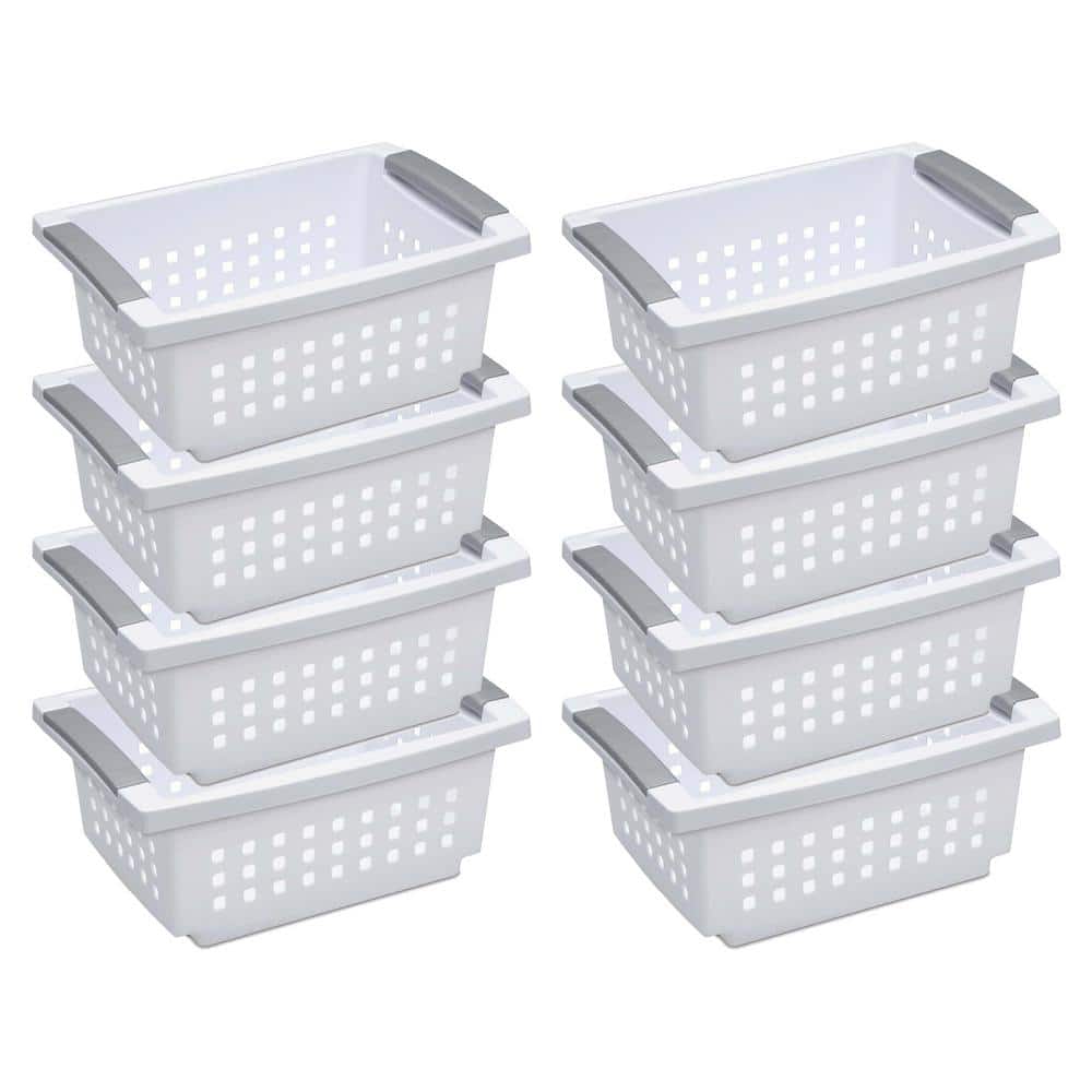 5.38 in. D x 8.63 in. W x 12.5 in. H White Small Stacking Basket with Titanium Accents (8-Pack) - Hercitys