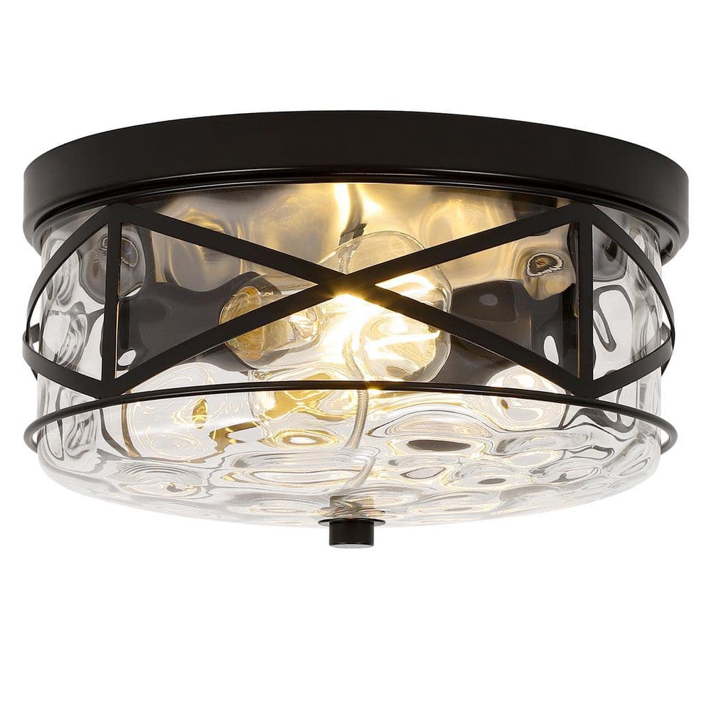 12 in. 2-Light Black Flush Mount Water Ripple Glass Ceiling Light with Metal Frame - Hercitys