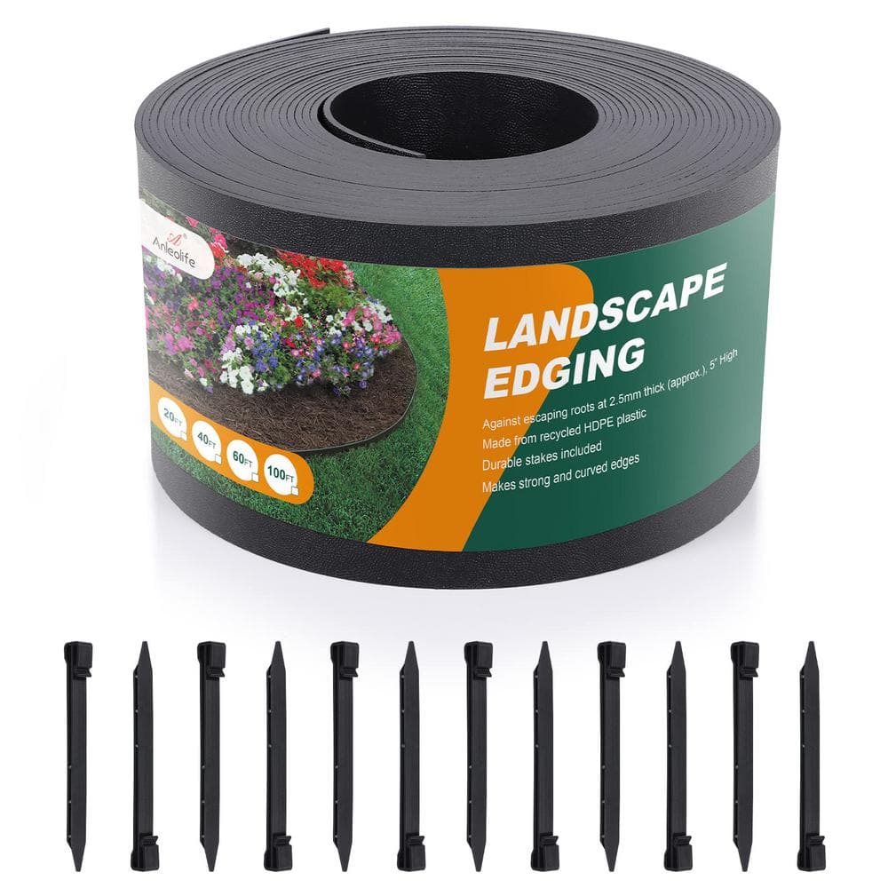 40 ft. x 0.098 in. x 5 in. Black Plastic Flexible & Strengthened Garden Landscape Edging 40 ft. with Stakes (12-Pieces) - Hercitys