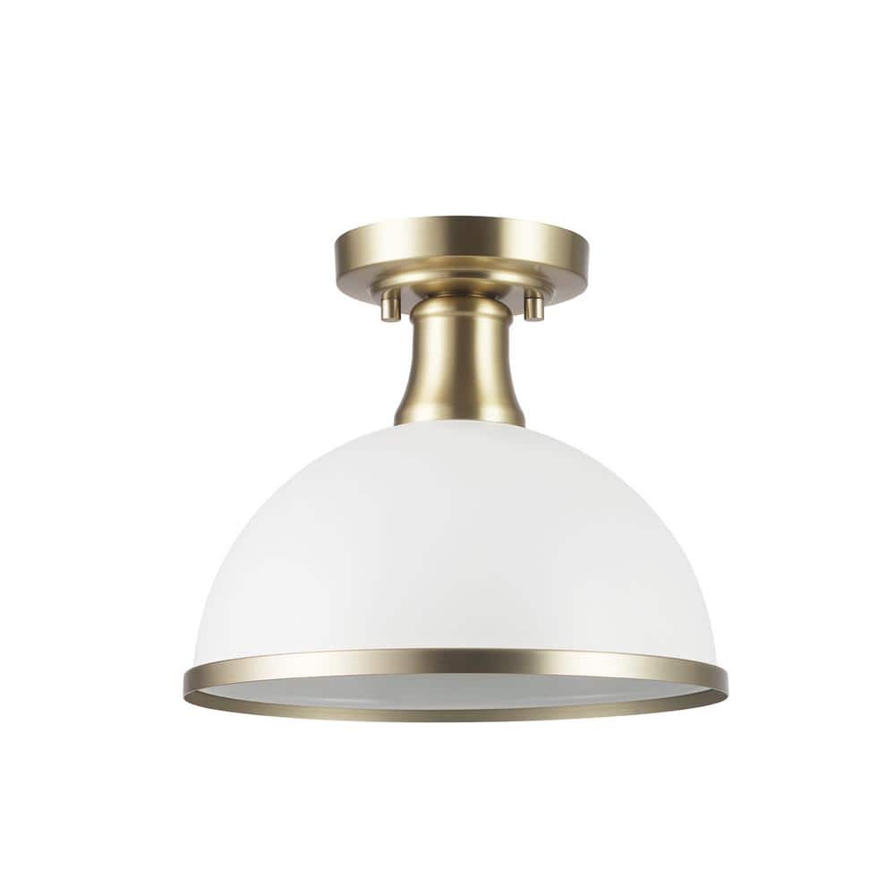 10 in. 1-Light Matte White Semi-Flush Mount Ceiling Light with Matte Brass Accents - Hercitys