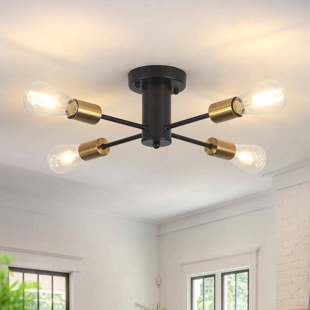 17.5 in. 4-Light Black and Gold Sputnik Transitional Flush Mount Ceiling Lights - Hercitys