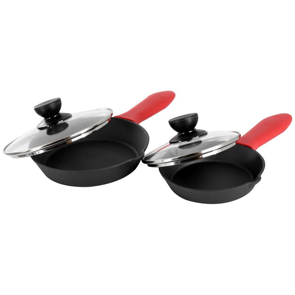 13-Piece Cast Iron Skillet Set with Tempered Glass Lids and Silicone Holders - Hercitys