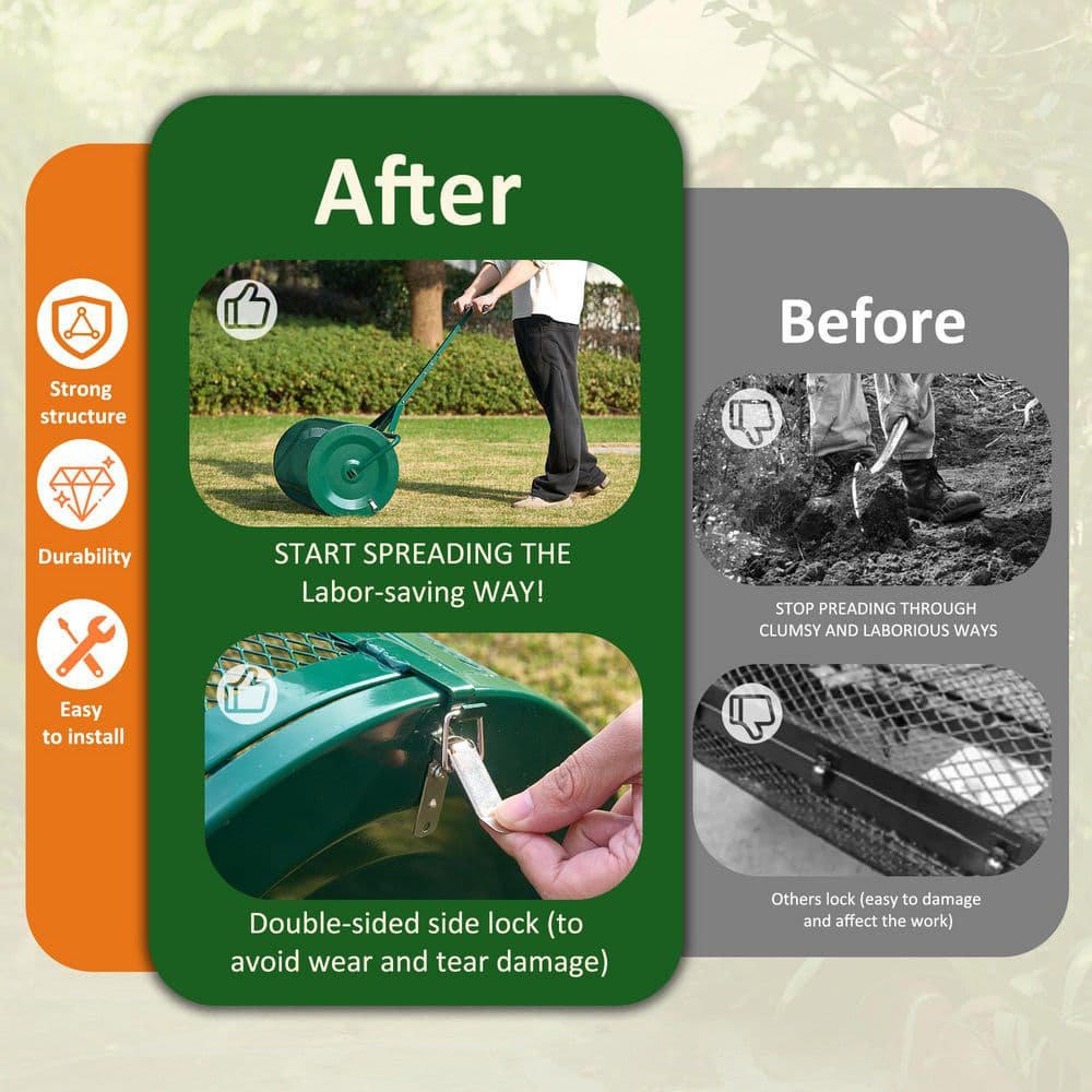 24 in. Compost Peat Moss Spreader, Heavy-Duty Metal Mesh Spreader with Adjustable Handle, Green - Hercitys