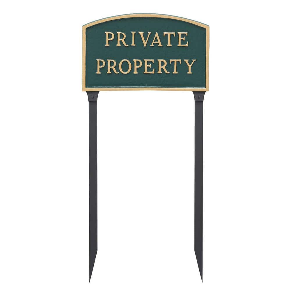 13 in. x 21 in. L Arch Private Property Statement Plaque Sign with 23 in. Lawn Stakes – Green/Gold - Hercitys