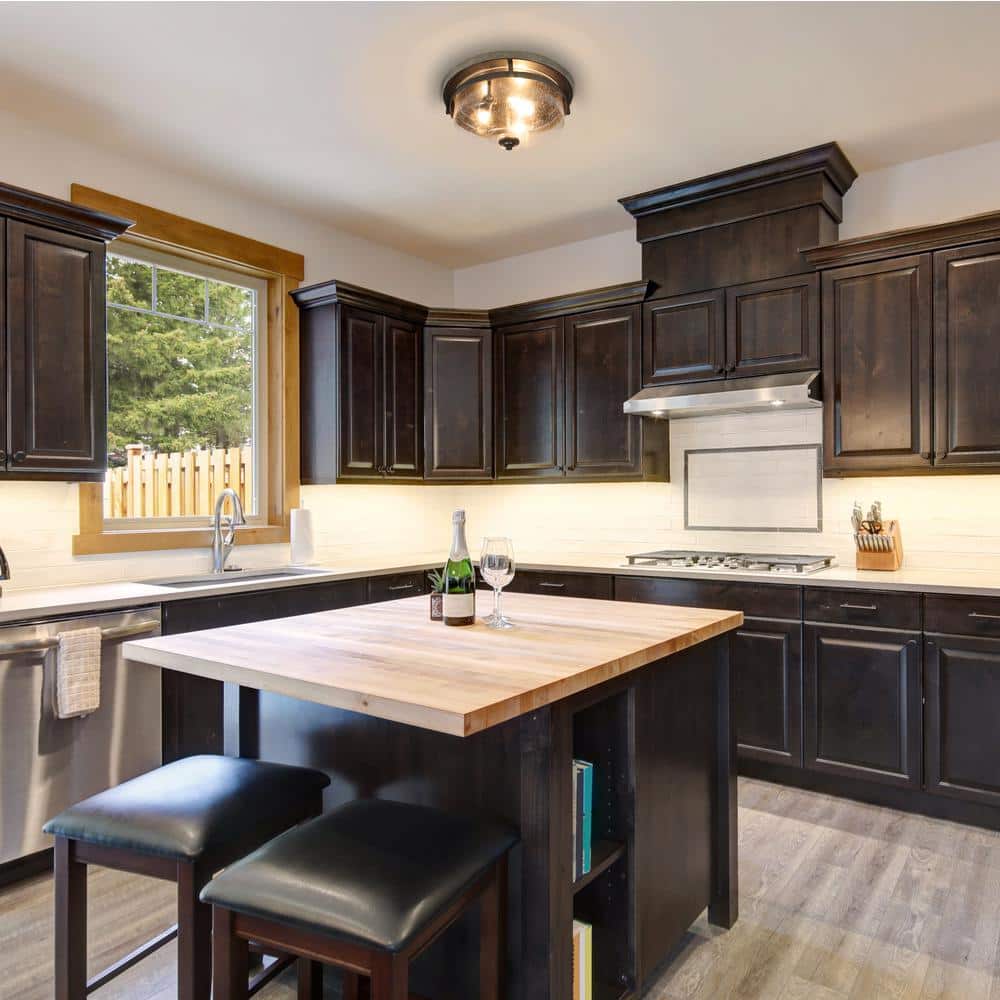 13.5 in. 3-Light Bronze Flush Mount Ceiling Light with Drum Clear Seeded Glass Shade and Round Faux Aged Wood Plate - Hercitys