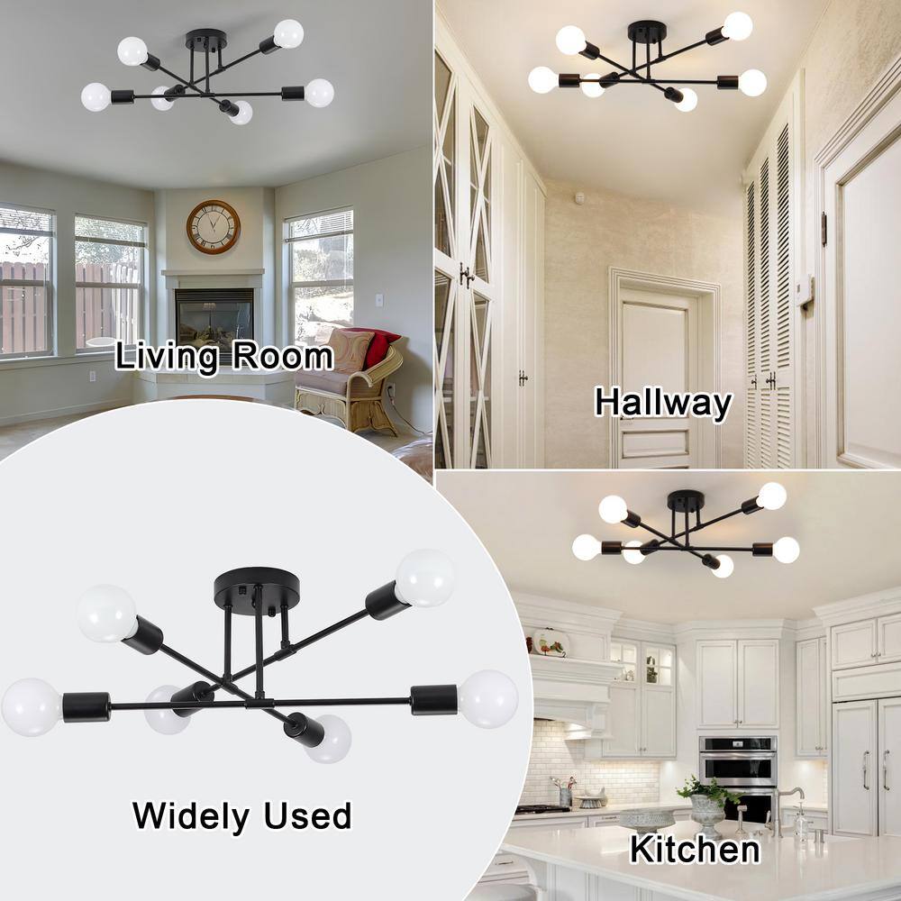20.66 in. 6-Light Black Sputnik Modern Semi-Flush Mount Ceiling Light - Hercitys