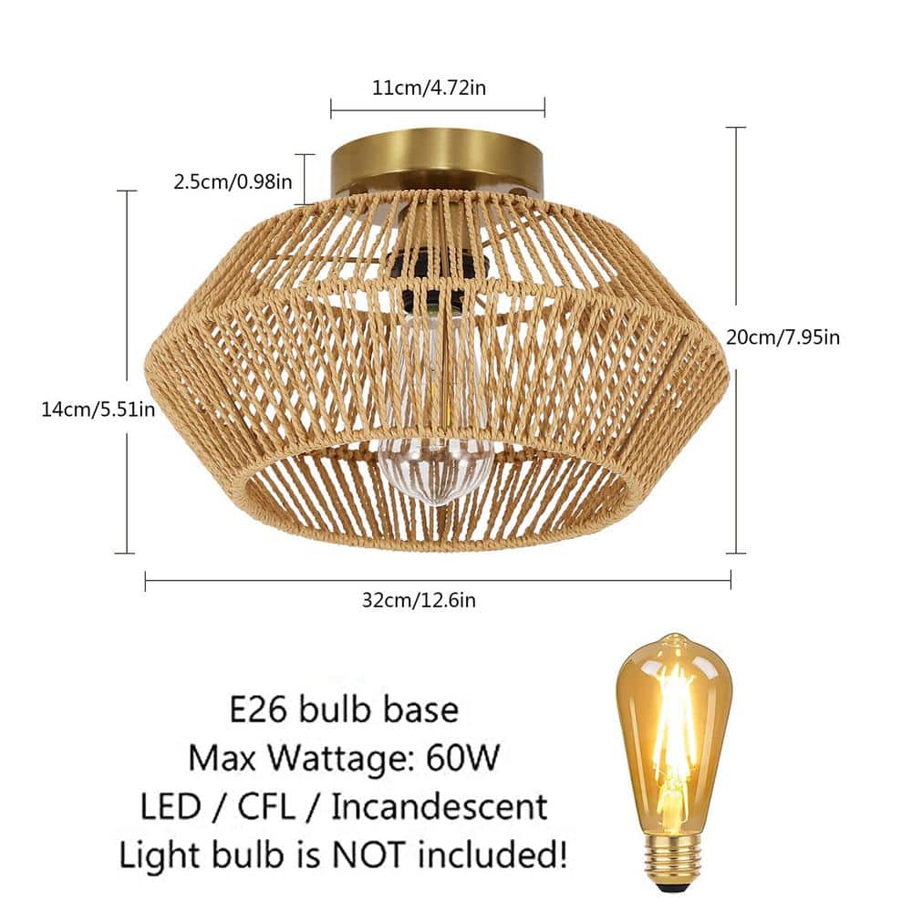 12.6 in. 1-Light Gold Retro Hand Woven Paper String Semi-Flush Mount Ceiling Light - Hercitys