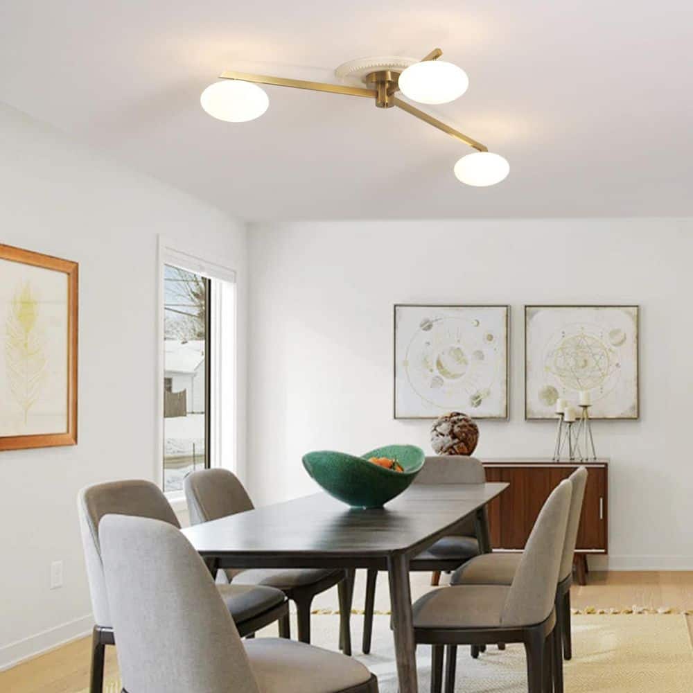 55 In. 3-Light Brass Chandelier Semi-Flush Mount with White Glass Shade, G9 Bulb Base - Hercitys