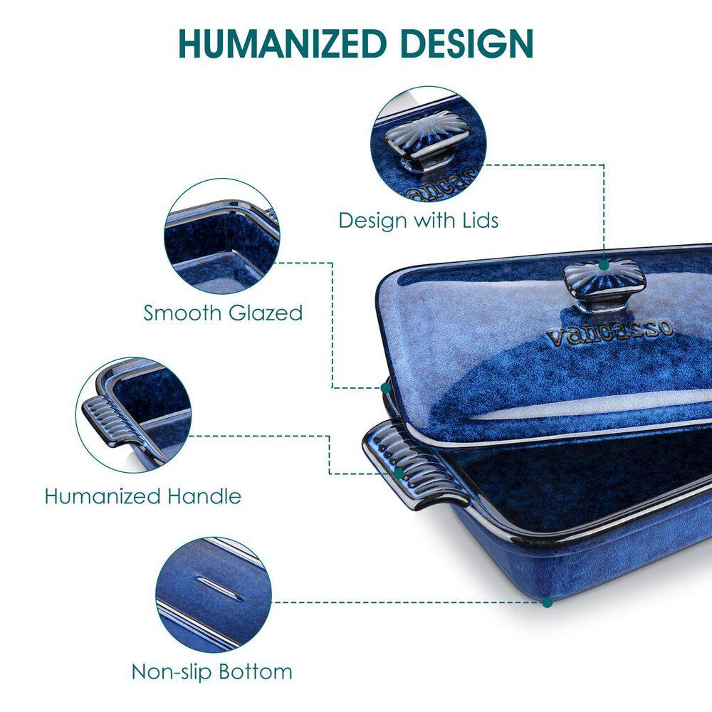 1-Piece Rectangle Stoneware Casserole Dish Set with Lid Baking Tray Lasagna Pan Pie Dish Blue Bakeware 1.9 qt. - Hercitys