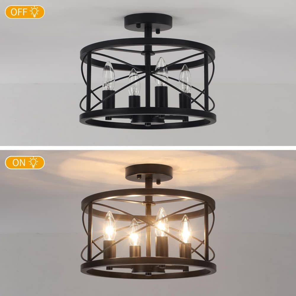 13 in. 4-Light Black Drum Semi Flush Mount Ceiling Light with No Bulbs Included - Hercitys