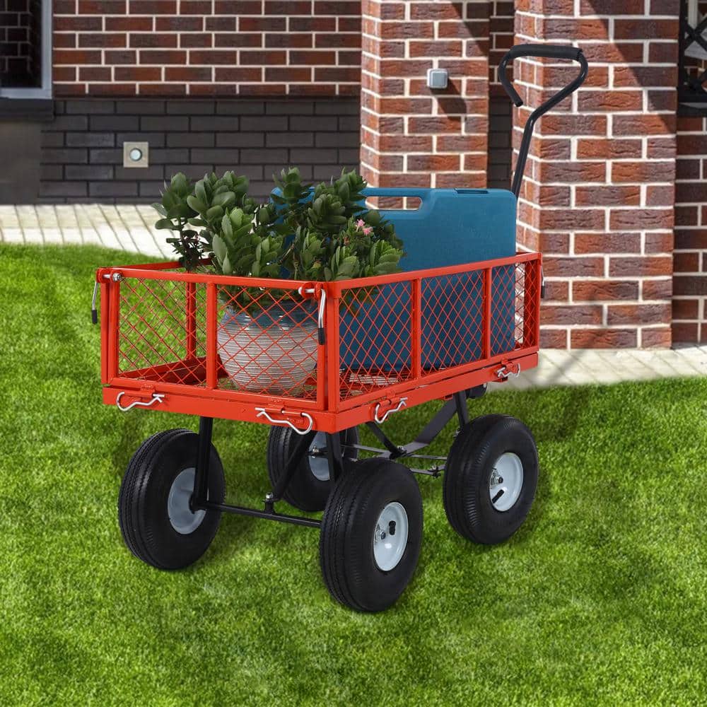 3 Cu. Ft. Red Steel Garden Cart, Wagon Cart, Removable Side Steel Mesh - Hercitys