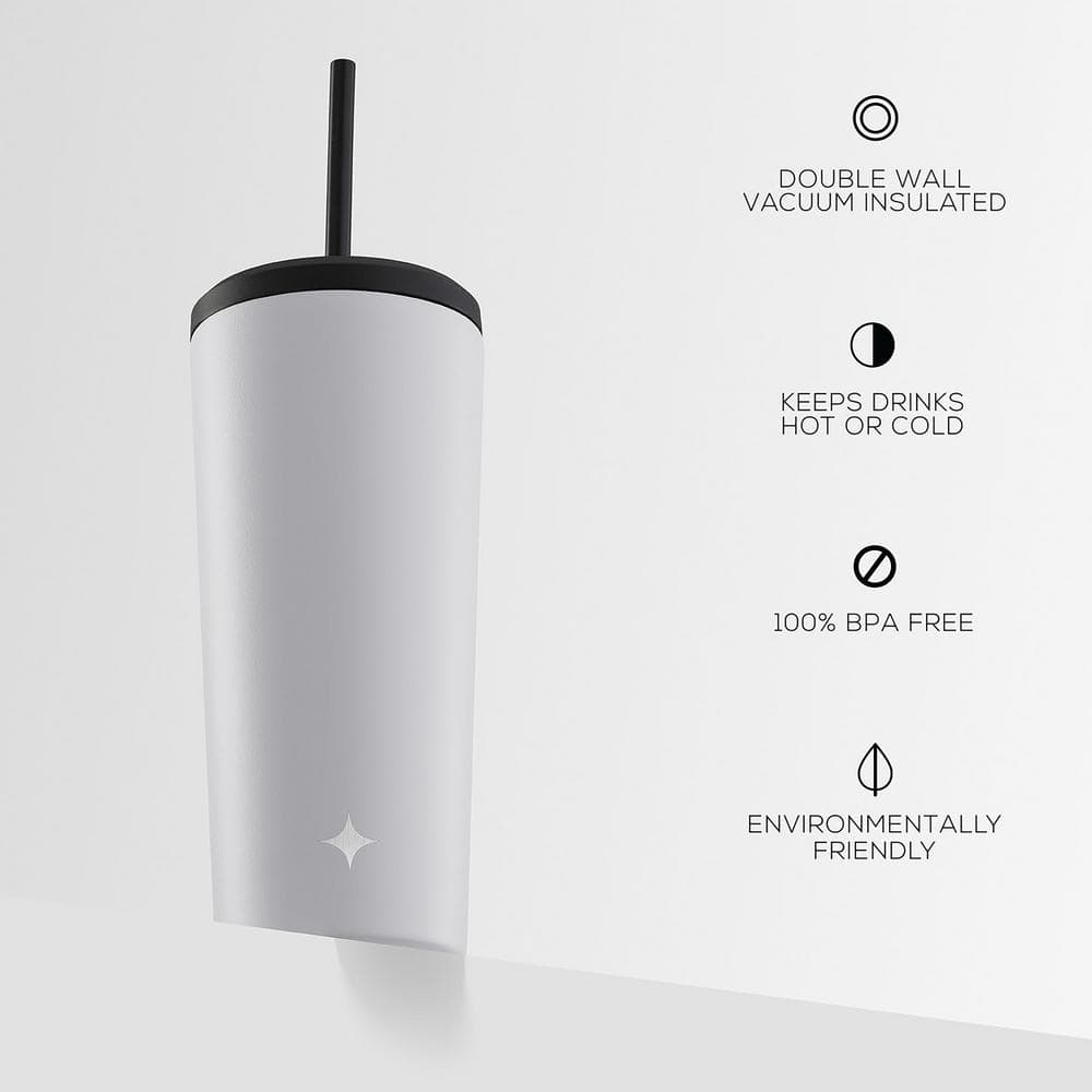20 oz. White Vacuum Insulated Stainless Steel Tumbler with Flip Lid and Straw Lid Options - Hercitys