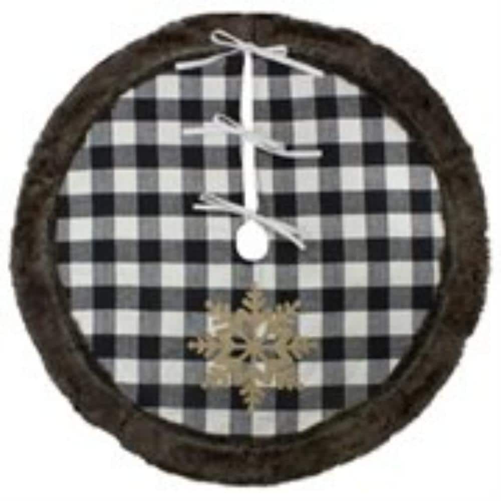 48 in. Black and White Buffalo Plaid Christmas Tree Skirt with Burlap Snowflake - Hercitys