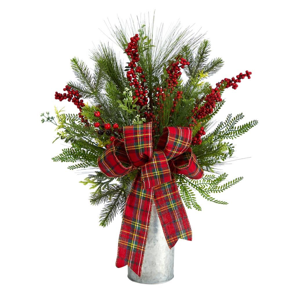 28 in. Unlit Holiday Winter Greenery, Berries and Plaid Bow Artificial Christmas Arrangement Home Decor - Hercitys