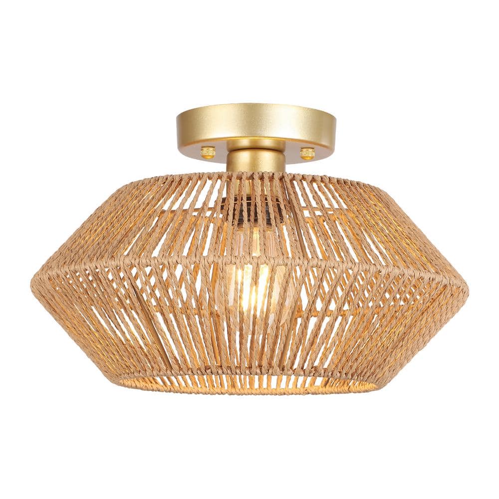 12.6 in. 1-Light Gold and Brown Bohemian Rattan Semi Flush Mount Ceiling Light for Dining Room - Hercitys