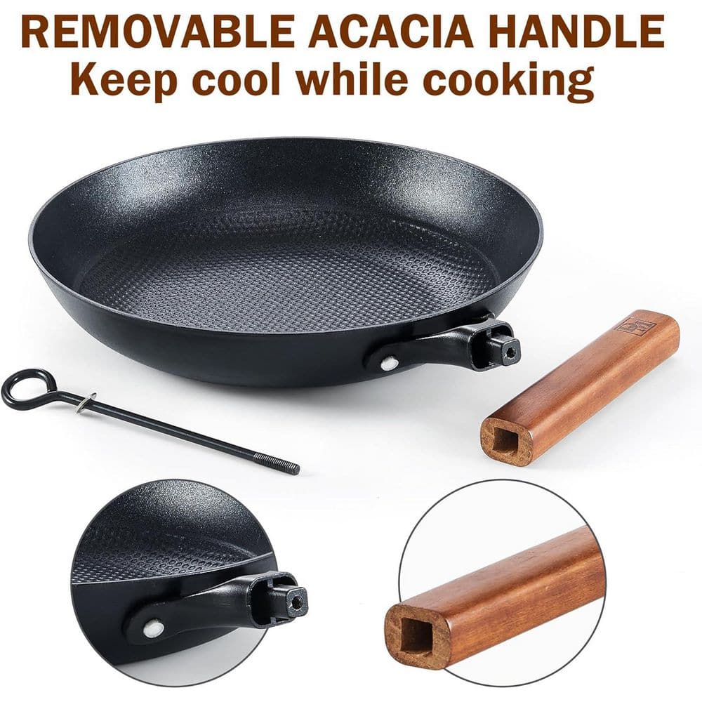 12 in. Cast Iron Nonstick Frying Pan Skillet with Detachable Acacia Wooden Handle, Honeycomb Non Stick Omelet Egg Pan - Hercitys