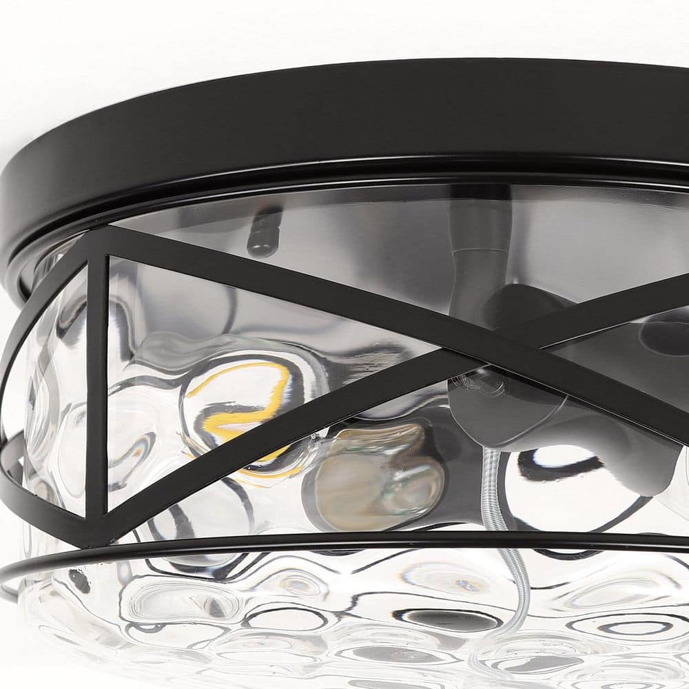 12 in. 2-Light Black Flush Mount Water Ripple Glass Ceiling Light with Metal Frame - Hercitys
