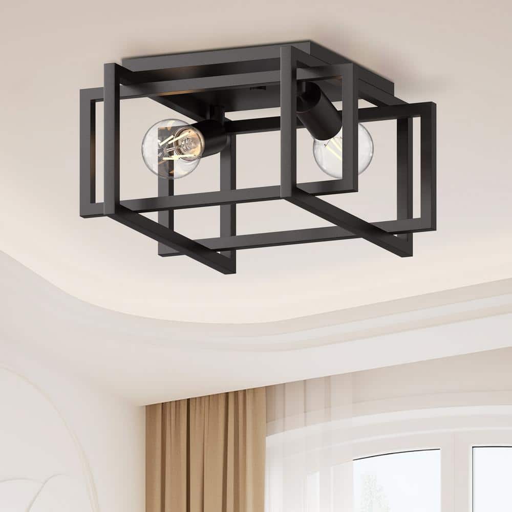 11.5 in. 2-Light Matte Black Square Frame Flush Mount Ceiling Light Fixture, Hallway Light Fixtures Ceiling - Hercitys