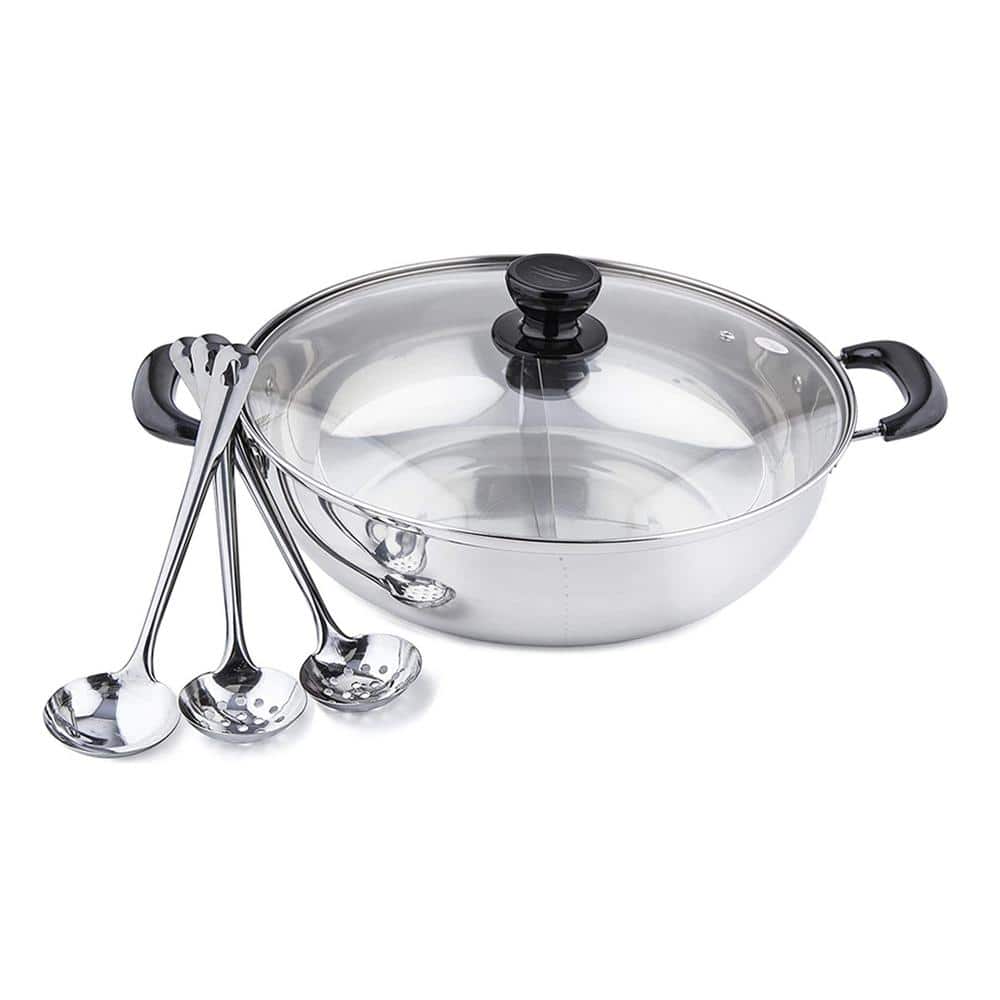 11 in. 4 qt. Stainless Steel Shabu Hot Pot with Divider and 3-Ladles - Hercitys