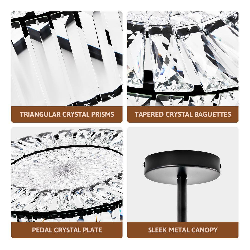 15 in. 4-Light Black Crystal Semi Flush Mount Ceiling Light With Clear Glass Shade - Hercitys